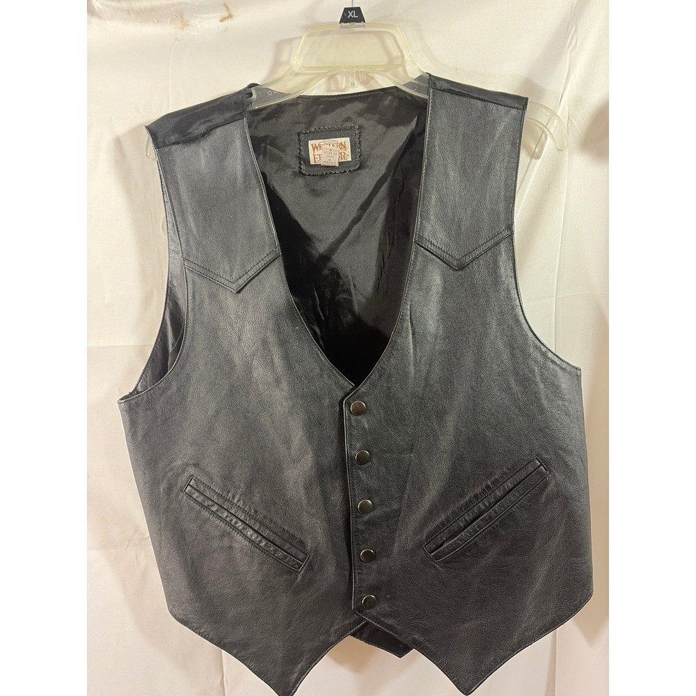 Western Frontier Leather Vest Mens Large Black Excellent Snap Front Cinch Back